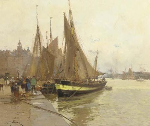 Eugene Galien-Laloue A bustling quayside France oil painting art